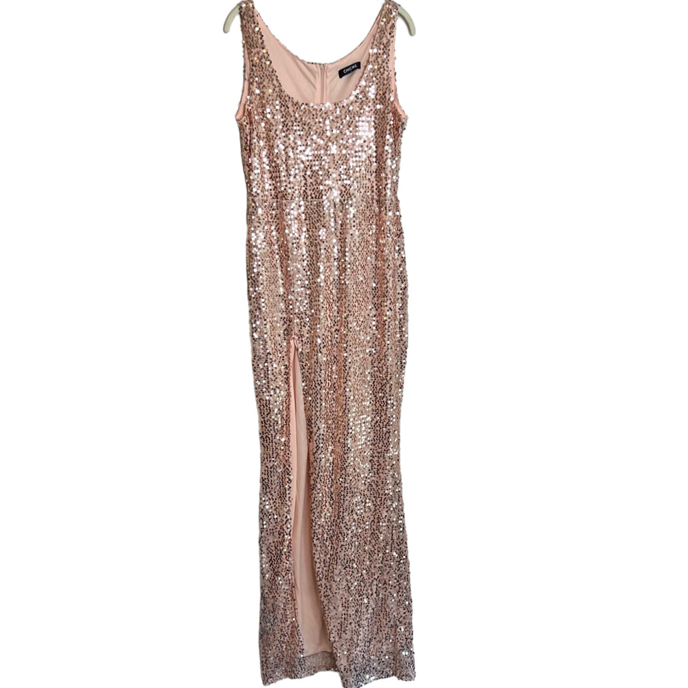 Chic Me Womens Sequined Maxi Dress Large Pink Rose Gold Sexy Slit Sleeveless